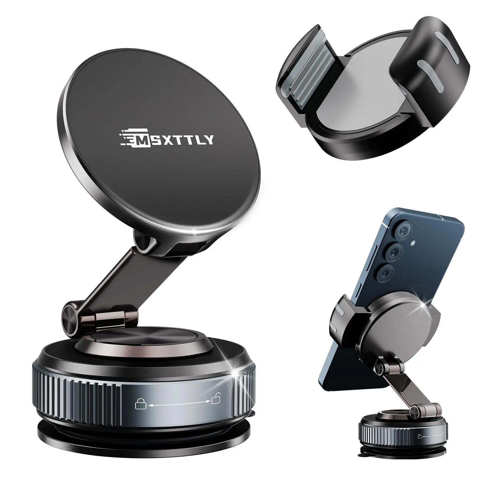 MSXTTLY MagSafe Magnetic Phone Holder, 360° Adjustable Foldable Vacuum Car Mount with Powerful Suction Lock, Stable Phone Holder Stand for Vehicle, Office, Home, Gym and Mirror