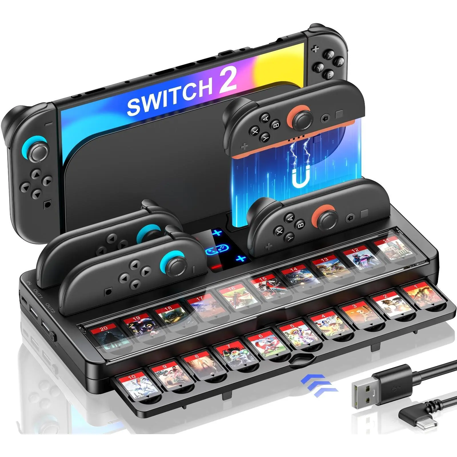 Nintendo Switch 2 4-in-1 Organizer & Charging Dock Station - Console Accessories with Joycon Controller Charger, Storage Base, 20 Game Card Slots, Indicators, Wired USB Cable Connection Ports, Protection Cover & Lights (2025)