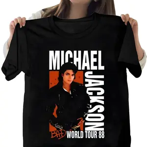 Viral Vintage Michael Jackson 88 Bad Tour Memorial Graphic Tee - Pure Cotton Short-Sleeve Round Neck Unisex Sports Fan Streetwear Top, Christmas Festive Casual Daily Wear, Halloween Gift, Casual Sports Tops, Sporty Sports Tops