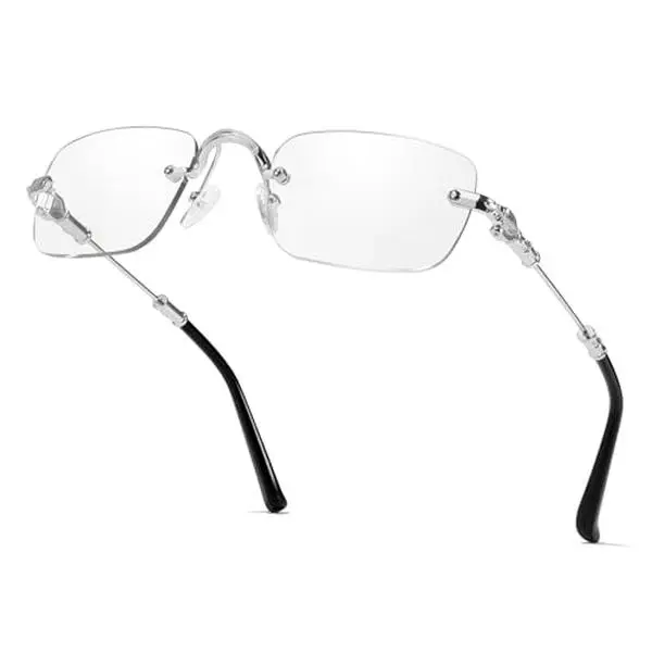 Female Rimless Non-Prescription Blue Light Blocking Glasses - Classic Rectangle Frame, Lightweight Eyewear, Minimalist Eyeglasses, Siren Bayonetta Metal Design, for Office & Everyday Wear