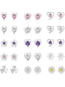 15 Pairs 925 Sterling Silver Stud Earrings Set Cubic Zirconia Earring Pearl Crystal Round Heart Shape CZ Flower Butterfly Stud Earrings Jewelry for Women Girls Heart Shaped Earrings
