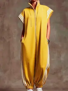 New Fashion Spring Summer Zipper Stand Collar Striped Colorblock Casual Sporty Jumpsuit, Soft Fabric, Loose Fit, Drop Waist, Short Sleeve Jumpsuit