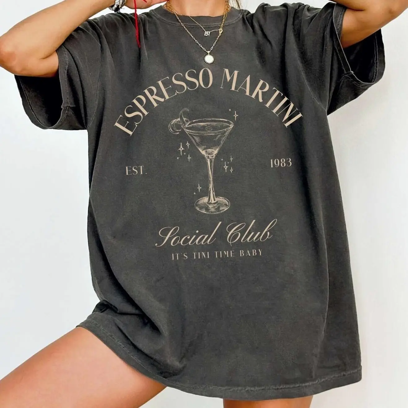 Espresso Martini Shirt Tini Time Crewneck Social Club Clothing Retro Signature Cocktail Funny Drinking Tee Girl Trip Clothing - Vintage unisex graphic tee Round Neck Menswear Tops Casual Cotton