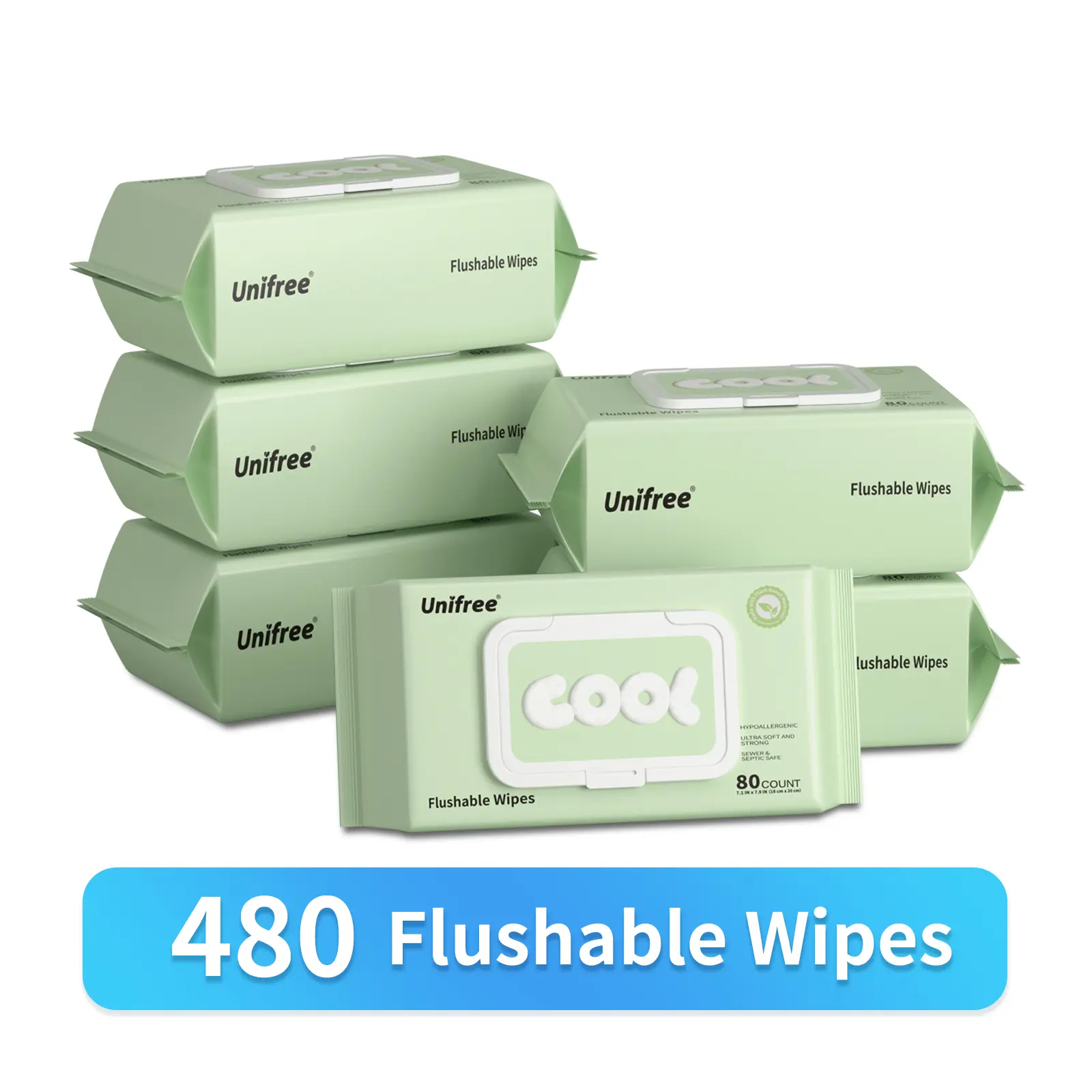 Unifree Flushable Wipes, Extra-Large, Lightly Scented, 80 Wipes/Pack, Family Size 4/6 Pack Options, butt wipe For Adults & Kids, Bathroom Essentials, Travel, Plant-Based Biodegradable, Purified Water, Alcohol-Free, Quick-Dry, Septic & Sewer Safe