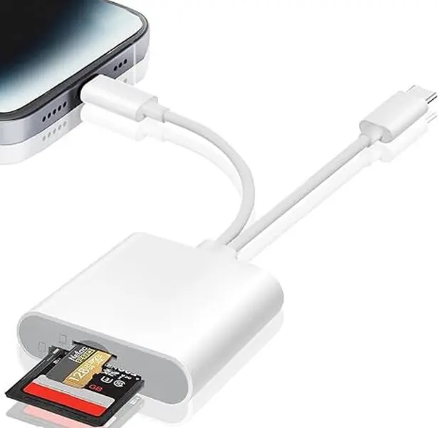 Compact iPhone SD Card Reader with USB Adapters, 1.76 oz Dual Card Slots Plug-and-Play Car Electronics Accessory for Photographers, Multiple Devices Photos & Videos