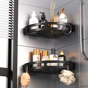 2-Pack No Drill Bathroom Corner Shelf, Adhesive Wall Mounted Shower Storage Rack for Shampoo and Body Wash, Bathroom Storage Organizer with Hooks and Drainage, Bathroom Accessory