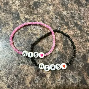 His Hers Beaded Bracelets - Pink & Black Beads with "His" & "Hers" Charms - Perfect for Couples
