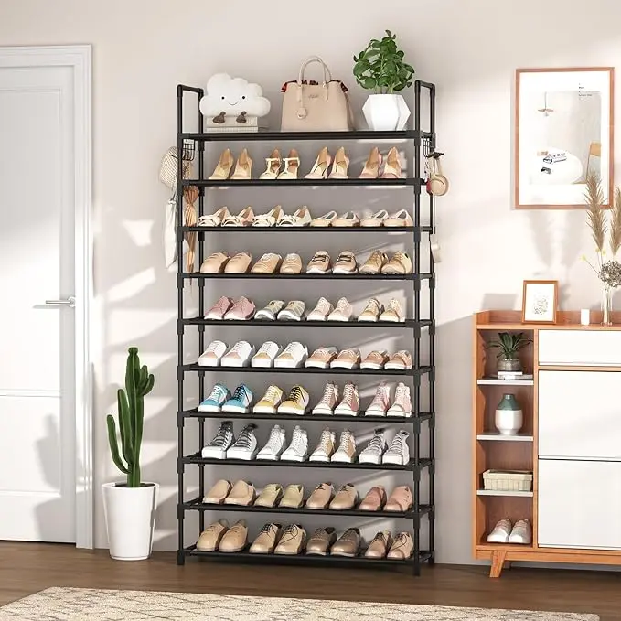 10-Tier Tall Wide Shoe Rack, Sturdy Metal Shoe Organizer with Large Capacity & 2 Hooks, Home Storage Holder for Footwear Organization