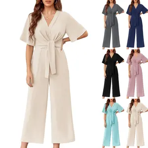 Goranbon Womens Wide Leg Jumpsuits Short Sleeve Tie Knot Front Summer Long Romper