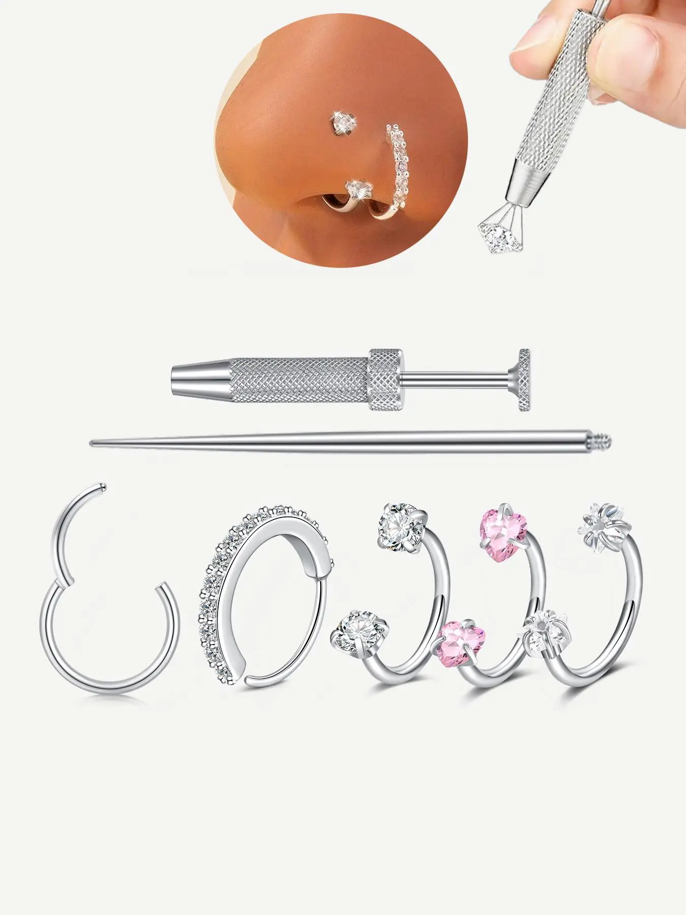 Cz Stainless Steel Nose Ring, Heart Design, 8mm Inner Threaded Hoop, Suitable for Cartilage, Tragus, Lobe, Lip Piercing Jewelry, Body Jewelry
