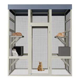 62.6" Outdoor Wooden Catio for Cats, Large Cat Enclosure with Waterproof Roof, 2 Cat Houses & Platforms, Secure Rust-Proof Wire Pet Cage for Patio or Backyard