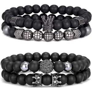 Crown King 4Pcs 8mm Black Matte Onyx Stone Beads Bracelet Set for Men Women Elastic Adjustable Fashionable Gift Jewelry