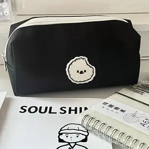 1Pc Simple Style Pencil Box Canvas Black Smooth Zipper Stationery Pen Storage Bag Office Supplies