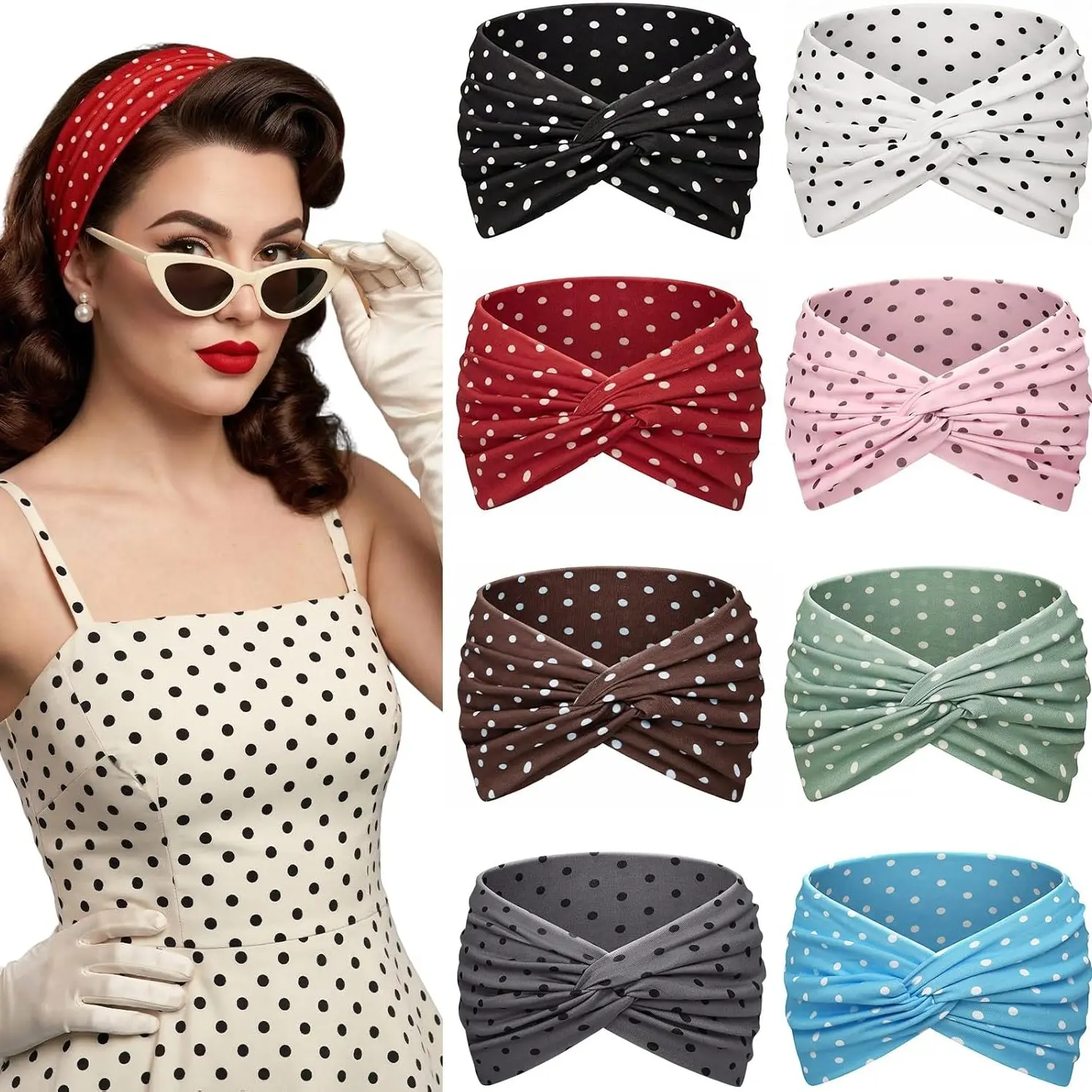 Ladies' 8-piece polka dot headband headband, fashionable wide retro printed headpiece, various color combinations for dressing headbands, cute Knotted Detail headbands, fashionable accessories, Vintage, Chic Headbands, Headband Accessory, Hairbands