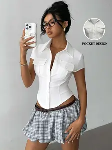 tiktokshopspringglowup Y2K White Pocket Button Up Shirt, Slim Fit Crop Top, Short Sleeve Casual Blouse, Summer 2025 Trendy Women's Clothing, Streetwear Aesthetic, Office Casual Outfit