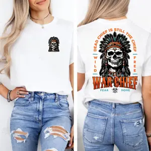 Native American Skull T-Shirt – War Chief Graphic Tee, Vintage Western Biker Top for Men Women, Graphic tee, Fashion Cotton, Streetwear, Top Menswear Womenswear