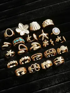 23-Piece Women's Ring Set, Vintage Elegant Boho Chic Turquoise Star Flower Heart Shell Rings, Party Beach Date Gift Jewelry