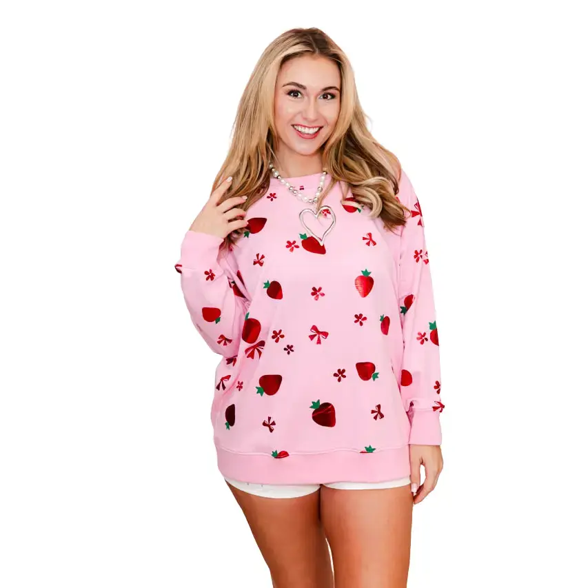 Women's Sweet Hoodie with Sequin Bunny, Oversized Strawberry Print Cotton Blend Tops with Bow Accents for Spring, Denim
