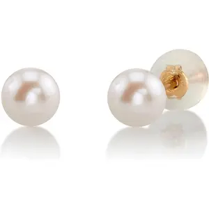 THE PEARL SOURCE 7.5-8.0mm White Japanese Akoya Real Pearl Earrings for Women - 14k Gold Stud Pearl Earrings | Hypoallergenic Earrings with Genuine Cultured Pearls
