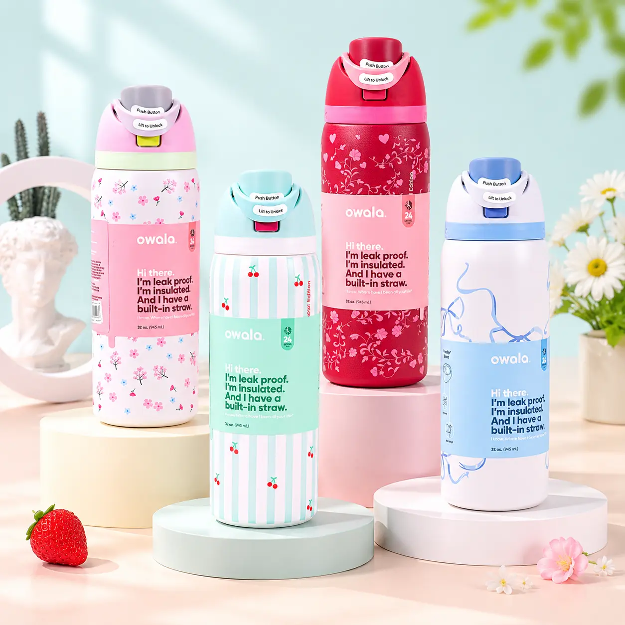 Owala FreeSip Special Edition Insulated Stainless Steel Water Bottle with Straw, BPA-Free Sports Water Bottle, Great for Travel, 32 Oz, Blue Bow, Pillow Fight, Pink Bow