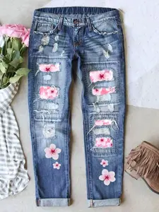 Floral Patchwork Print Jeans, Vintage Ripped Design, Cat Whisker Craftsmanship, Elastic Comfortable Fabric, Perfect Fit Long Denim Jeans