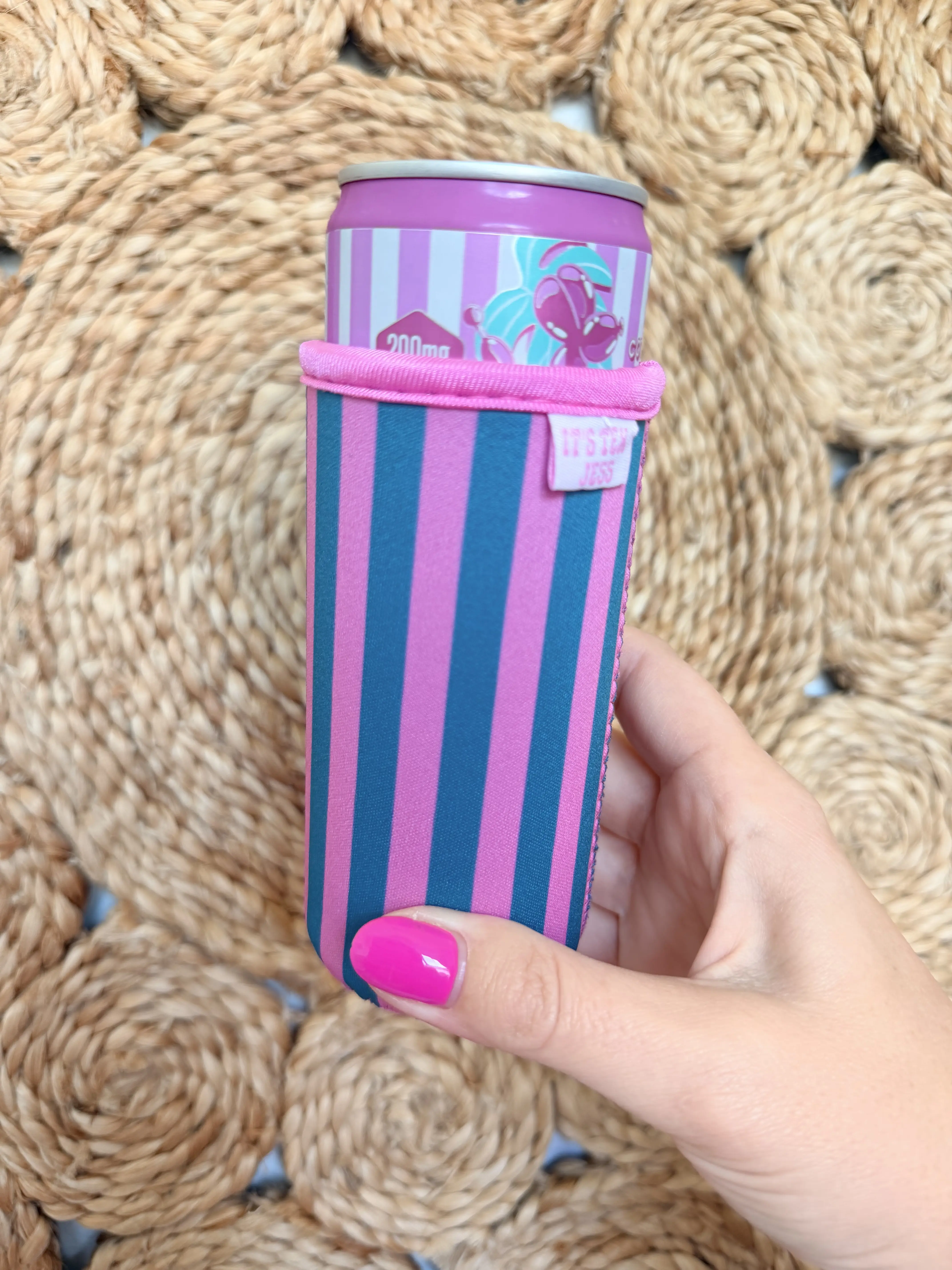 Slim Can Sleeve - Pink and Turquoise Stripe