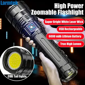 1pc LarmTek High Power Zoomable Flashlight, 3000 Lumen Super Bright White Laser, USB Rechargeable 6000mAh Battery, COB Tail Lights, 4 Modes, 7874.02inch Range, Aluminum Alloy LED Torch with Hand Strap and Type-C, Non-Waterproof