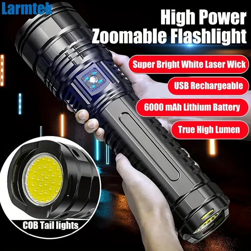 LarmTek High Power Zoomable LED Flashlight (1pc) - 3000 Lumen Super Bright White LED Lights, 6000 mAh Lithium Polymer Battery, USB-C Rechargeable, COB Tail Lights, 4 Modes, 7874.02in Range, Aluminum Alloy Torch with Hand Strap, Non-Waterproof, USB Port, 7