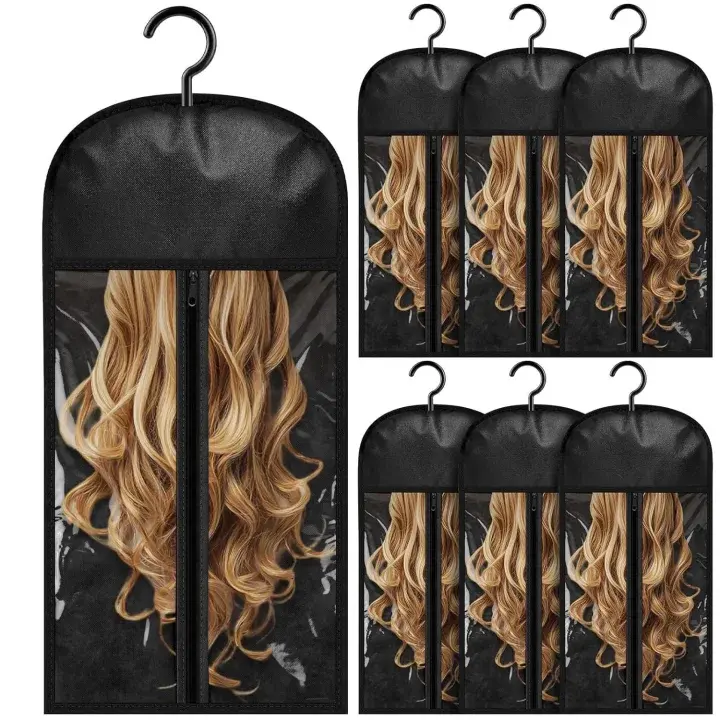 Wig Storage Bag with Hook, 6pcs Dustproof Zipper Wig & Hair Extension Hanger, Wig Bag Wig Storage For Multiple Wigs, Wigs Accessories for Salon & Home Use, Household Dust Cover