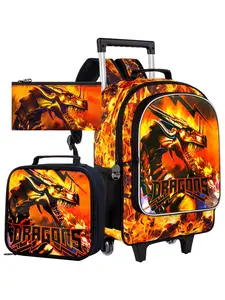 3Pcs Fiery Dragon Rolling Backpack Set for Boys - Flame Dragon Print Wheeled School Bag with Lunch Bag & Pencil Pouch - Perfect for Dragon-Loving Kids & School Days School Backpacks