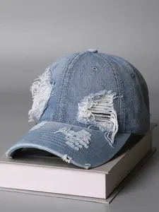 Unisex Vintage Washed Distressed Denim Baseball Cap, Fashionable Hole Design, One Size Fits All, Trendy Casual Headwear for Men & Women