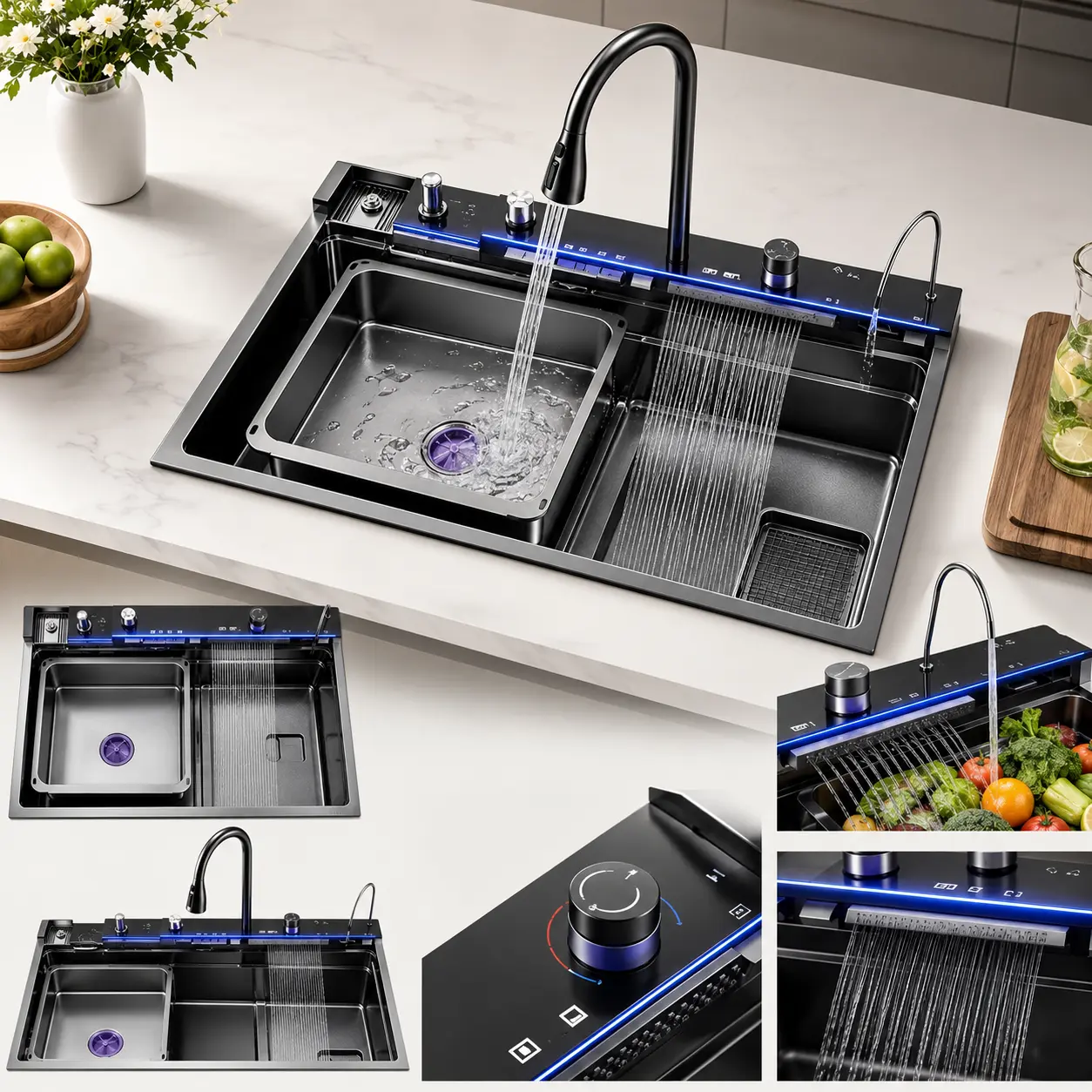 Smart Digital Display Kitchen Sink Black Kitchen Sink with Faucet, Modern Workstation Sink with LED Ambient Light, Dual Waterfall Spout, Built-In Filtered Water Tap, Large Single Bowl Stainless Steel Sink with Accessories for Kitchen Upgrade