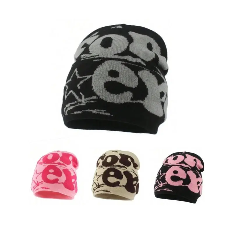Unisex Y2K Letter Print Knit Beanie 1-Size Fitted Headwear with Camo Houndstooth Galaxy Patterns Bold Lettering Warm Outdoor Street Accessory for Autumn Winter Cold Weather Fashion