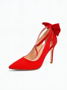 Women's Red Bow-Tie Ankle-Strap Stiletto Heels, Suede Pointed-Toe Heels with Statement Bow & Secure Fit, Perfect for Valentine's Day, Banquet, Party, Fashionable Shoes For Daily Wear