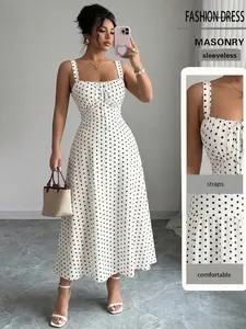 Plus Size Women's Dress, Fitted Casual Polka Dot Design, Sleeveless, for All Seasons, Stylish Dress for Ages 18-44, Womenswear