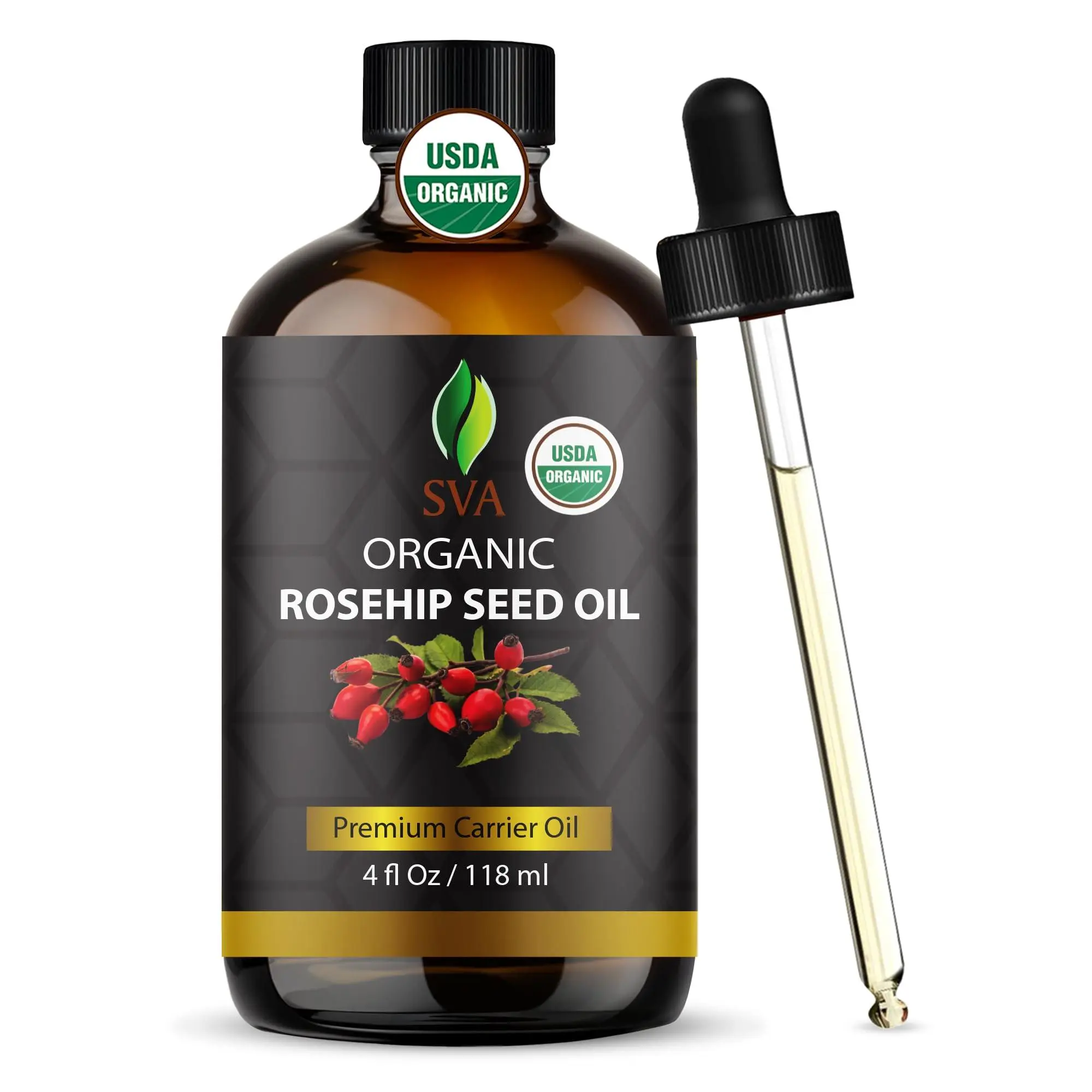 SVA Rosehip Seed Oil Organic - 4 Fl Oz – 100% Natural Cold Pressed Organic Rosehip Oil - for Face, Skin Care, Hair Care, Scalp Massage & Body Massage – Carrier Oil with Dropper