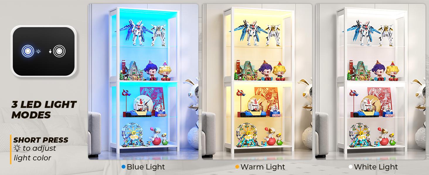 BROTTAR Open Display Cabinet with Glass Shelves, 4-Tier Display Shelf with LED Lights, Glass Display Case with Removable Shelves, Curio Cabinet for Collectibles, Black
