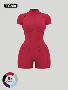 Women's Sportswear Half-Zip Stand Collar Shapewear Yoga Jumpsuit, Workout Jumpsuit, Casual Slim-Fitting Short Sleeve Jumpsuit for All Seasons, Home Training and Butt-Lifting Yoga Wear, Shaping Jumpsuit