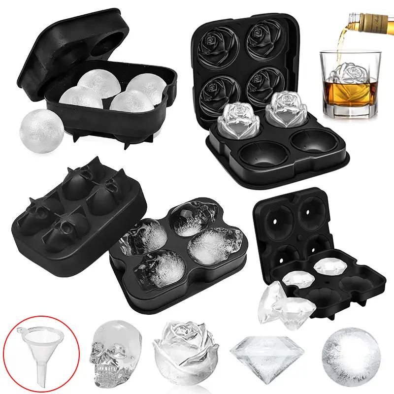 4-Cavity diamond  rose skull round ball Ice Cube Mold Ice tray - Large Silicone Ice Tray for Whiskey, Cocktails & Coffee, Makes Big diamond Ice Balls for Drinks, Perfect for Bar & Home Use # GLOBAL PICKS