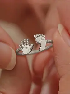 Cute Silver Color Hand & Foot Open Ring, Perfect Gift for Mother's Day, Includes Box, Elegant Jewelry for Women, Statement Rings