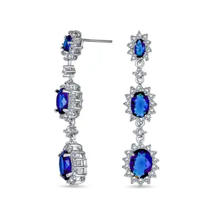 Timeless Triple Halo Simulated Blue Sapphire CZ Long Statement Chandelier Earrings Cubic Zirconia