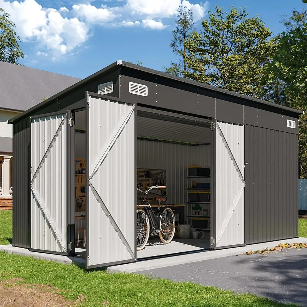 Aoxun 8'x4' Modern Metal Frame Outdoor Storage Shed - Patio Organizer with Triple Lockable Doors, Sloping Roof, Black Metal Cabinet for Garden, Backyard Tool Storage