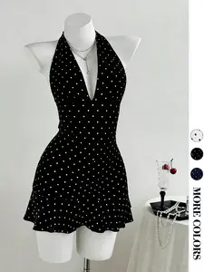 Women's French Polka Dot Halter Dress, Spring Summer Deep V Waist Cinched Skirt, Sexy Retro Sweet Cool Short Dress, Classic Print
