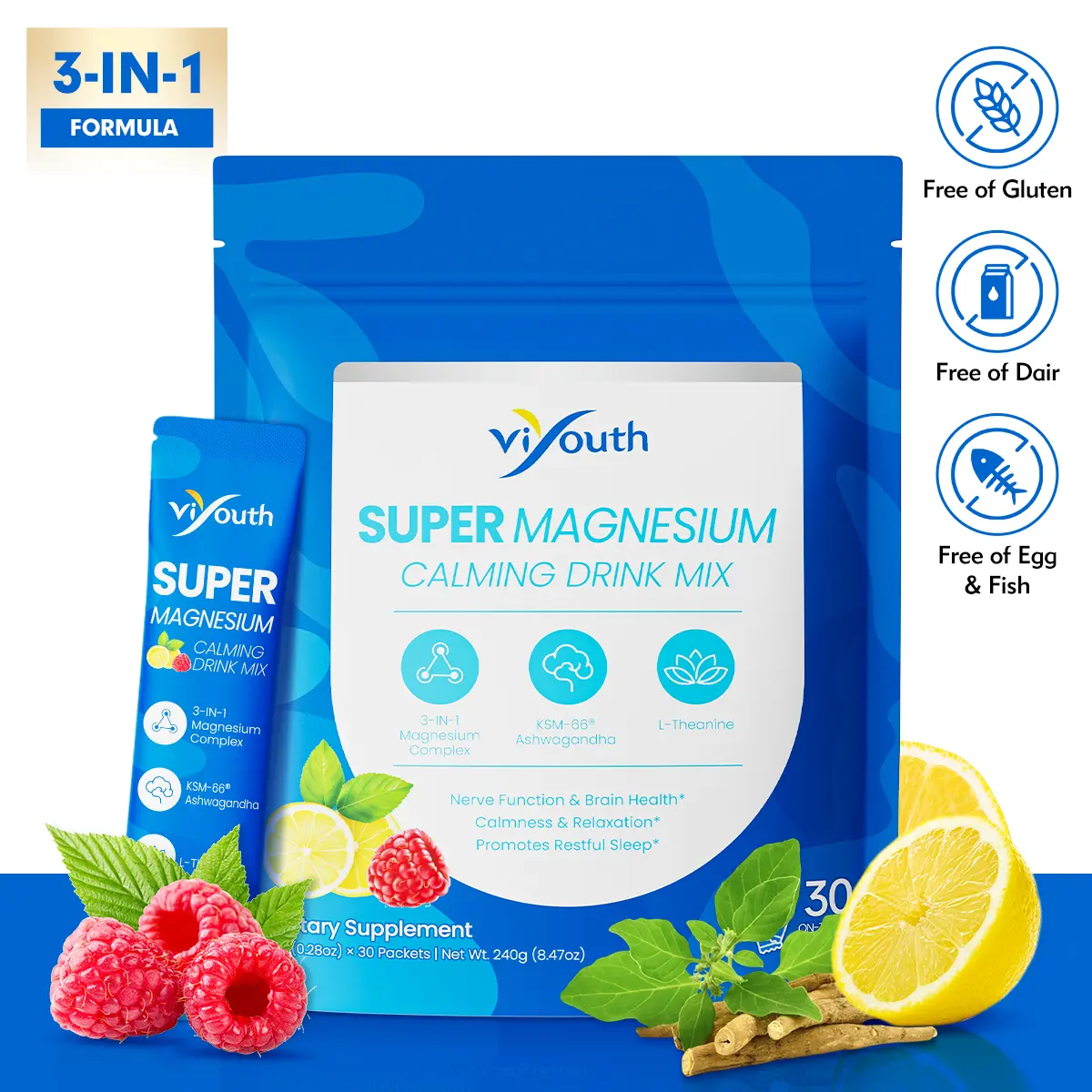 Viyouth SUPER Calming Sugar-Free Sparkling Health Drink Powder - 3-in-1 Daily Vitamin Supplement with Magnesium, KSM-66 Ashwagandha, Turmeric, GABA, Probiotics, L-Theanine - Supports Cortisol Balance, Mood - 30 Servings, Non-GMO, Raspberry Lemonade Flavor