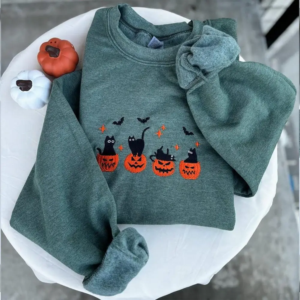 Embroidered Black Cat Halloween Sweatshirt | Pumpkin Jack O'Lantern Ghost Crewneck | Fall Cat Lover Gift for Women & Men