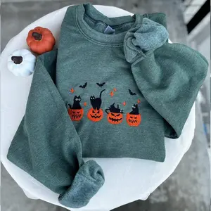 Embroidered Black Cat Halloween Sweatshirt | Pumpkin Jack O'Lantern Ghost Crewneck | Fall Cat Lover Gift for Women & Men