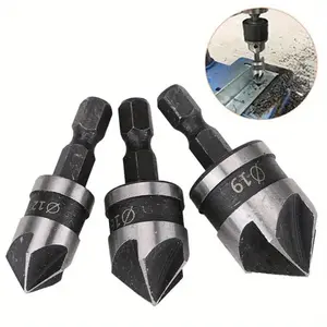 3pcs Hexagonal shank five-blade chamfering tool, 90-degree hole saw, wood deburring tool, woodworking chamfering cutter, countersinking drill bit