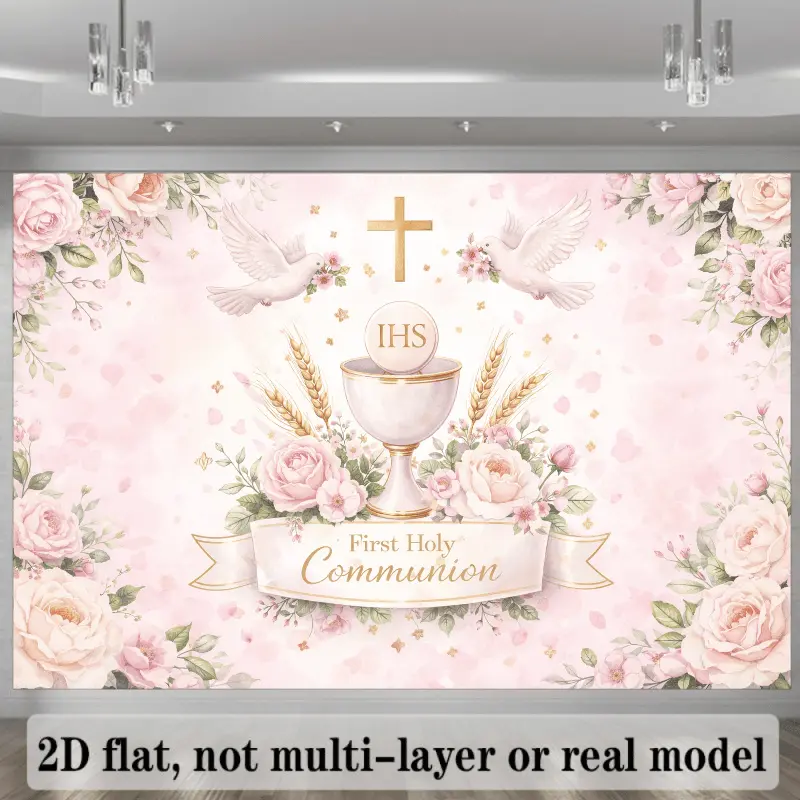 First Holy Communion Banner Backdrop Throw - Durable Textile with Religious Illustrations, Golden Chalice, Cross, Bible, Pink Roses, Cloud Background, Soft Glow for Religious Ceremonies, Weddings, Wedding