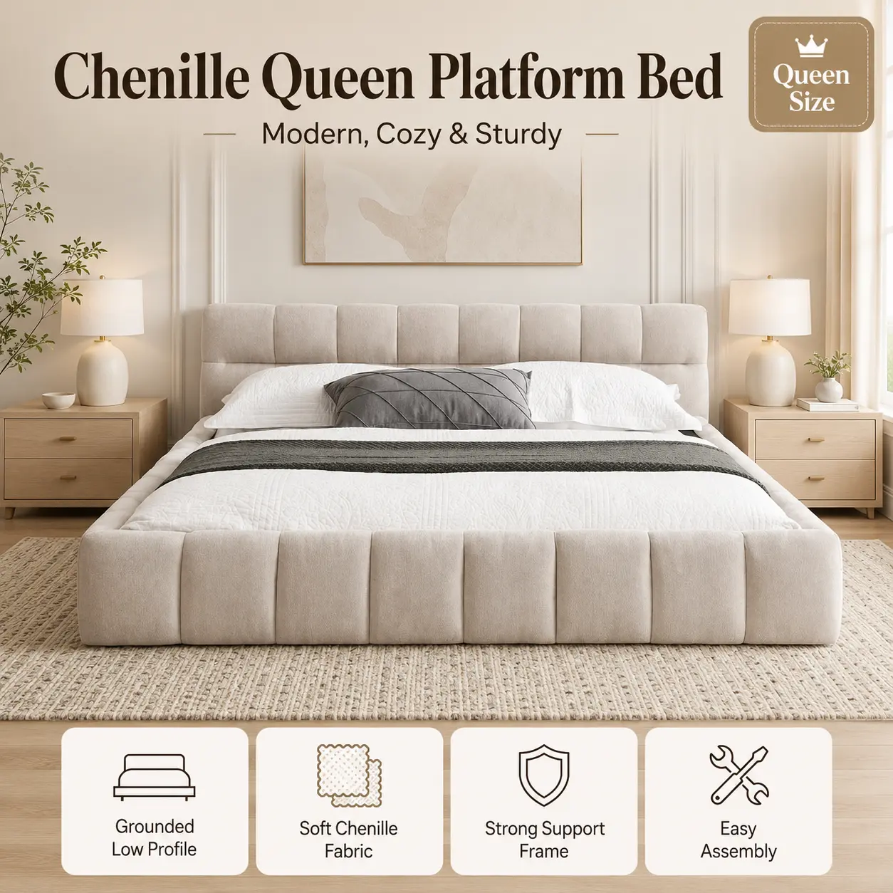 Super Beige Queen Size Chenille Upholstered Platform Bed Frame with Headboard No Box Spring Needed Grounded Low Profile Comfy Cloud Bed for Master Bedroom Neutral Apartment Finds Aesthetic Room Decor Lifestyle Solutions, Bed Frames, Queen Bed Frame