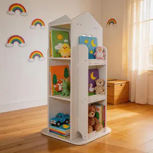 Kids Bookshelf 360° Rotating Bookshelf Toy Storage Organizer Rack Revolving Corner Bookshelf for Kids Toddler Children Home Office Furniture Bookcase(white & pink)